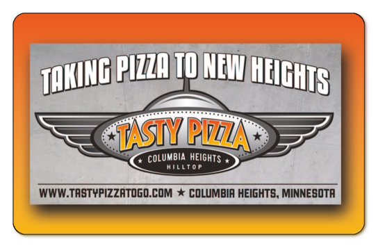 tasty pizza silver logo with wings on an orange and yellow vertical gradient background